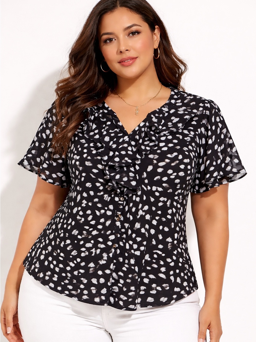 Perseption Black and White Ruffle Front Button Blouse
